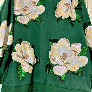 QUEEN OF SPARKLES Forest Green Floral Sequin Sweatshirt